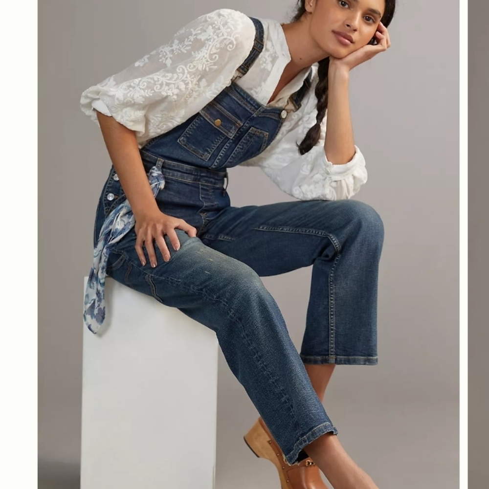 PILCRO Anthropologie The Lex Selvedge Denim Overalls Distressed Cropped Sz 30